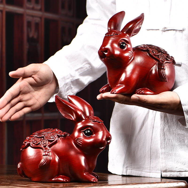 禾樾红花梨木雕兔子摆件实木可爱动物生肖福财中式纳福古风公司办