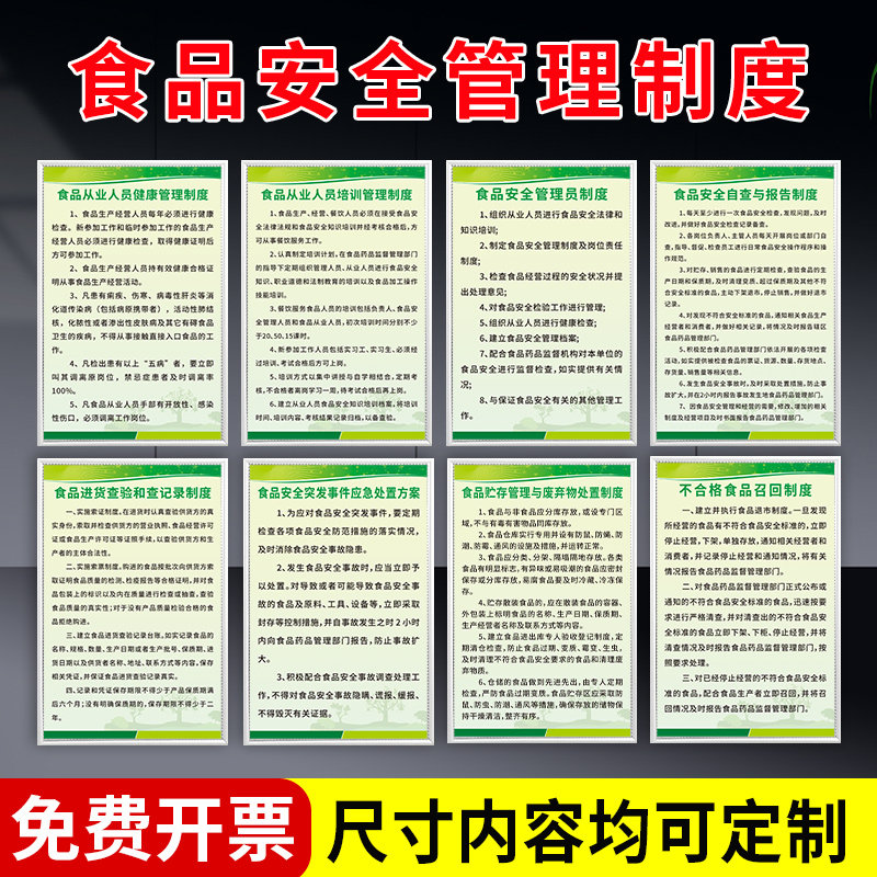 食品安全管理制度 食品厂常用规章制度牌 健康管理人员培训不合格召回自查报告应急处置预案进货查验登记条例