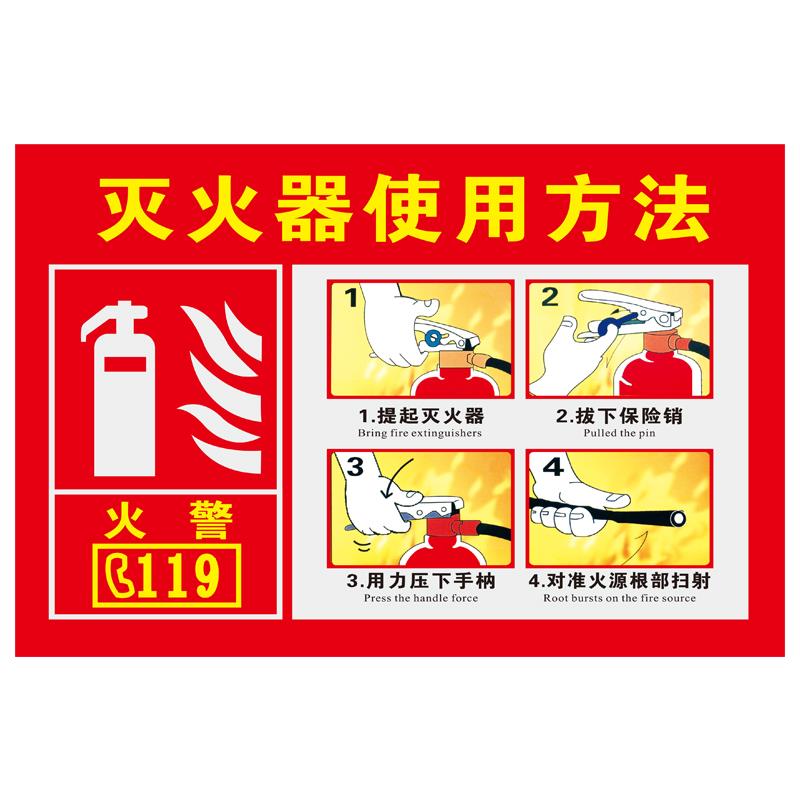 二氧化碳推车手提手推式干粉灭火器放置点消火栓使用方法检查表器材设施堆放处安全火警119工厂警示提示标牌