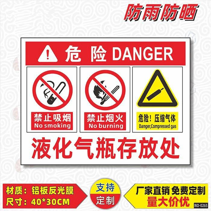 禁止吸烟区标识牌液化气瓶存放处标识牌危险压缩气体气瓶暂放区警示警告标志牌严禁烟火消防安全提示牌定制