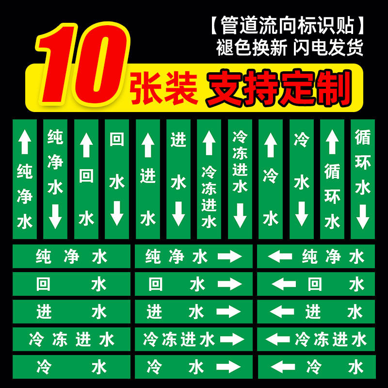 管道流向标识贴 自来水循环水进水回水纯净水冷冻进水 雨水管道介质标签箭头流向标识管道卷标志贴支持定制