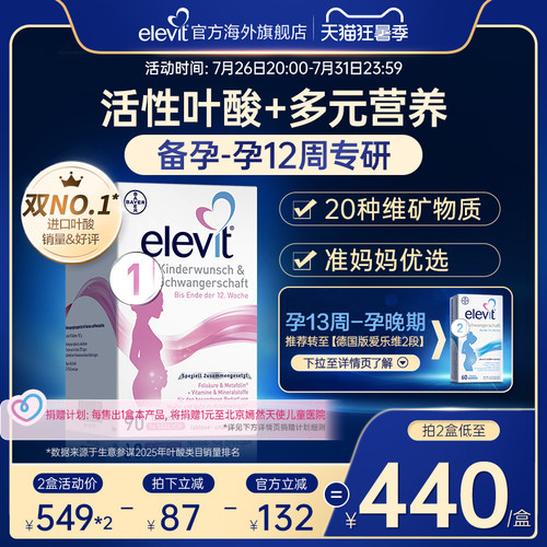 【旗舰店】德国elevit爱乐维1段备孕期孕前期活性叶酸维生素90片 - 封面