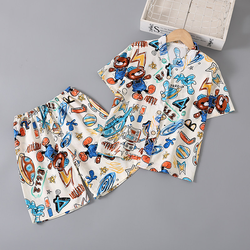 儿童棉绸套装绵绸睡衣宝宝空调家居服女童女孩男童夏季短袖短裤