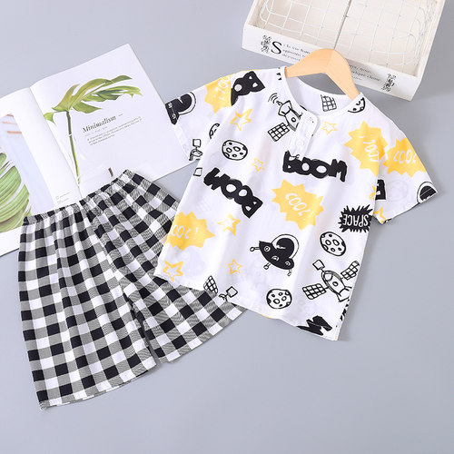 夏季男童短袖短裤棉绸睡衣