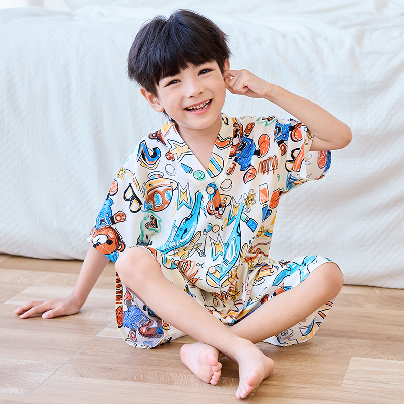 男童男孩夏季棉绸套装女童绵绸睡衣短袖短裤儿童宝宝空调家居服
