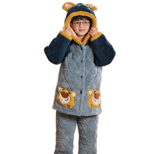 冬季男童法兰绒睡衣儿童三层夹棉加厚款珊瑚绒男孩大童家居服套装