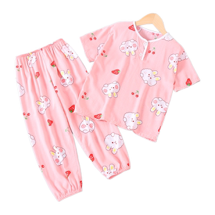 儿童睡衣夏季女童薄款棉绸空调家居服宝宝女孩短袖夏装人造棉套装