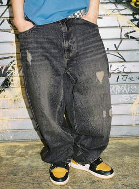 MindError 美式复古破洞牛仔长裤男小象刺绣春季新款直筒宽松裤子
