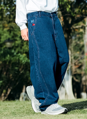 MindError 复古拼接秋季小象刺绣潮牌宽松阔腿直筒休闲牛仔长裤男