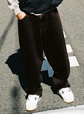 MindError 新款复古红棕色宽松直筒潮牌街头滑板小象刺绣牛仔长裤