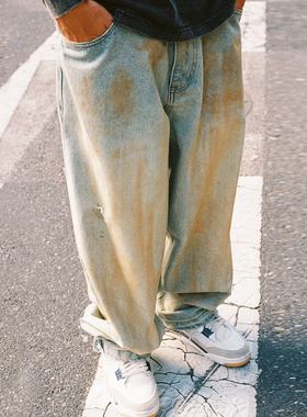 MindError 水洗做旧黄泥染牛仔长裤男新款小象刺绣废土风直筒裤子