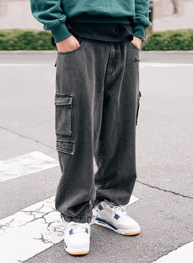 MindError 多口袋拼接工装牛仔裤秋季新款小象复古直筒休闲长裤男