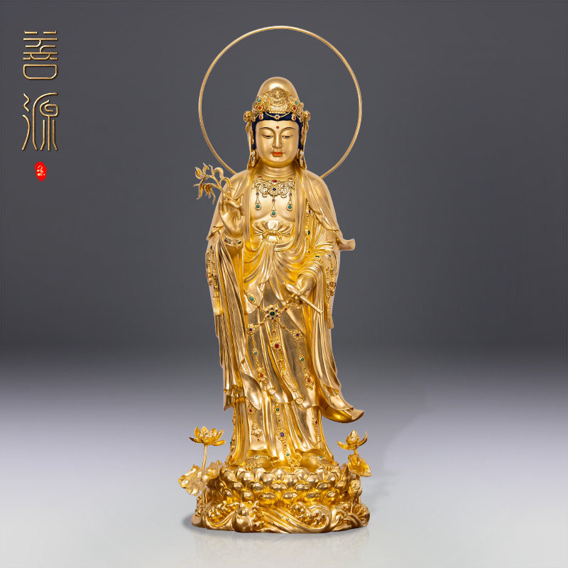 善源100cm 纯铜观世音菩萨纯铜贴金佛像家用寺庙佛堂供奉观音站像