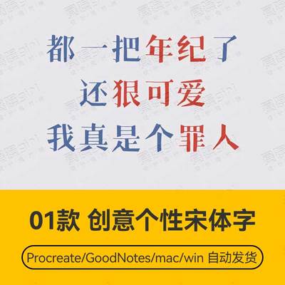 Procreate/Win/GoodNotes/Mac用 创意个性宋体字体安装包自动发货