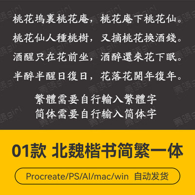 Procreate/Win/GoodNotes/Mac       北魏楷书简繁一体字体安装包