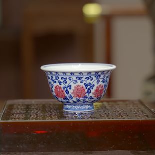 红丰窑 |缠枝莲釉里红大压手杯100ml景德镇陶瓷手工陶瓷茶杯茶具