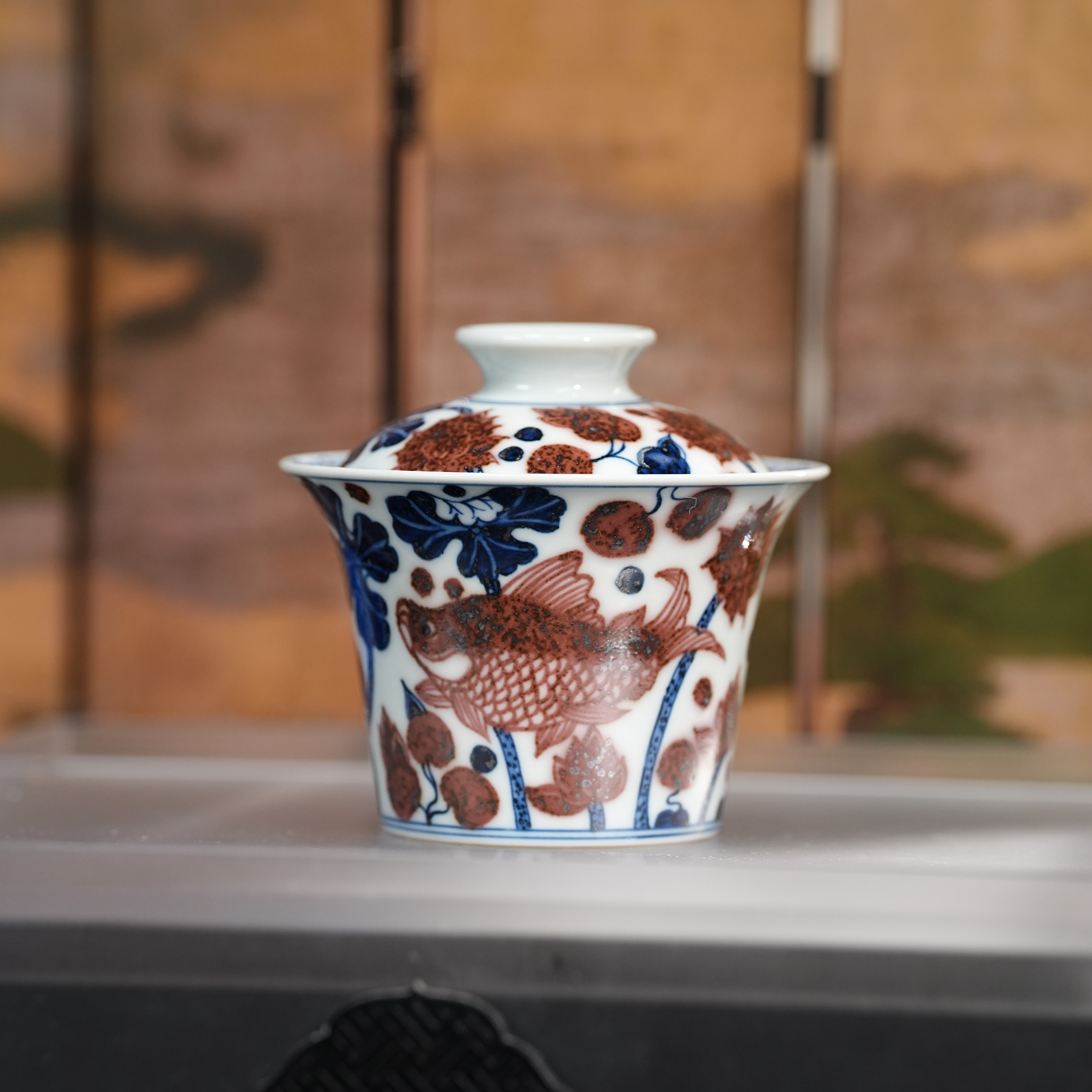 元邑丨青花釉里红鱼藻纹马蹄盖碗 130ML 景德镇瓷器