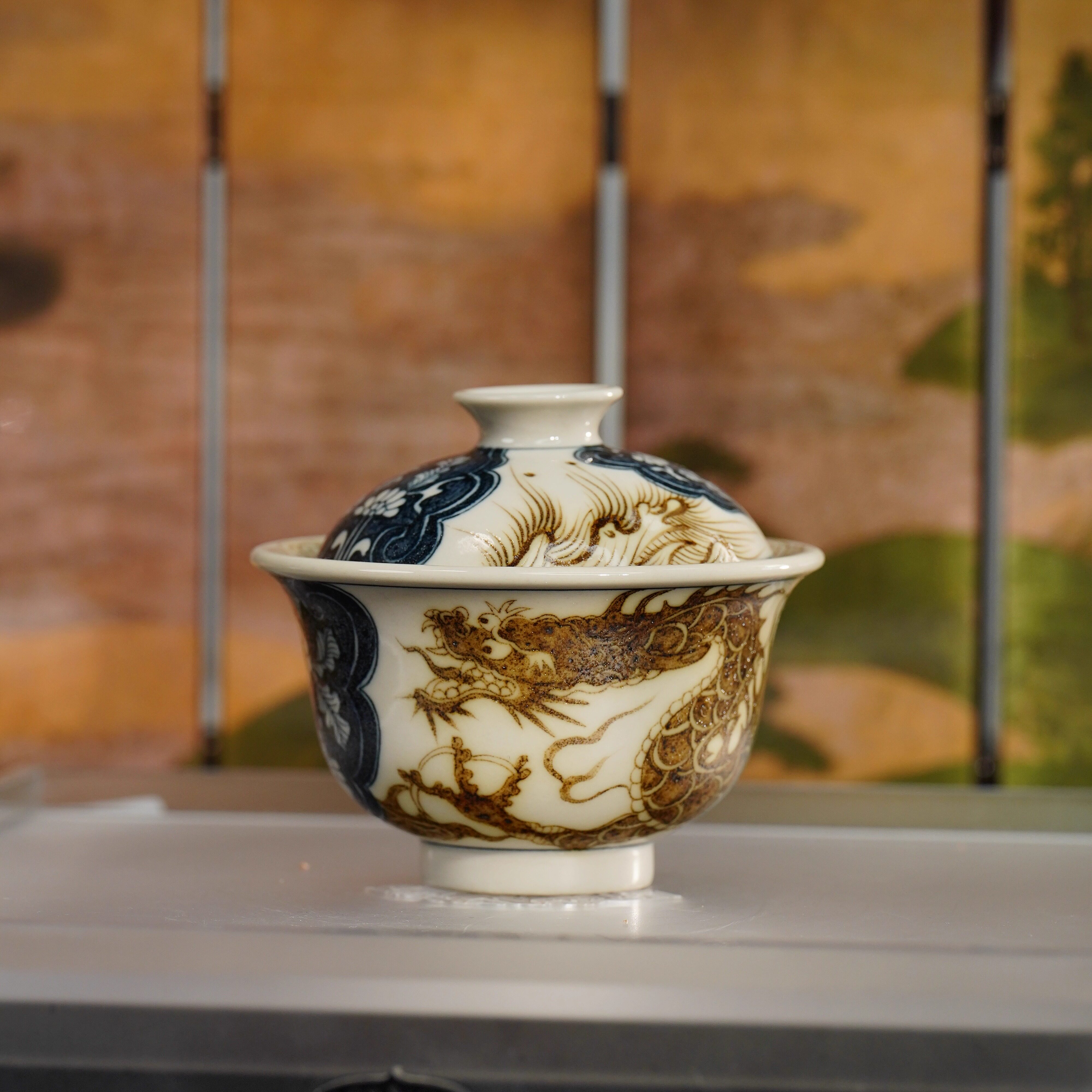 立勤堂釉里金穿花龙二才盖碗景德镇陶瓷茶碗釉下彩茶杯高级茶具