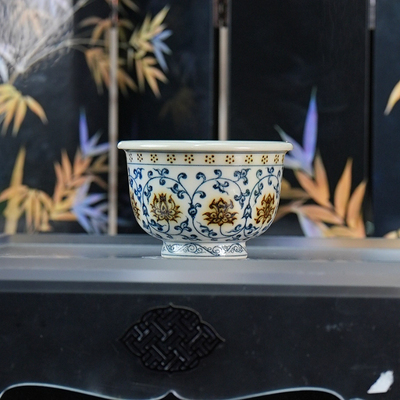 立勤堂丨青花釉里金缠枝莲卷口杯 容量80cc  景德镇陶瓷