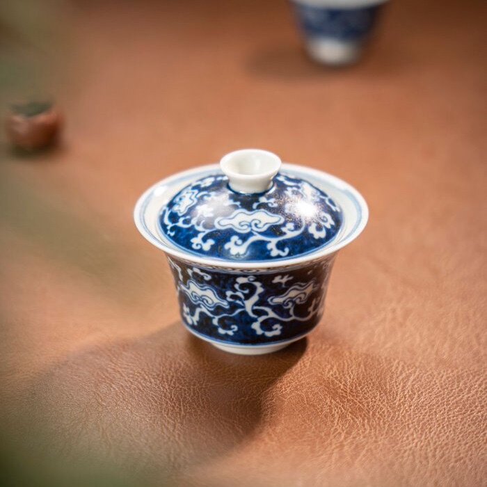 景德镇蓝地灵芝高足马蹄盖碗个人专用陶瓷二才盖碗办公室泡茶茶具