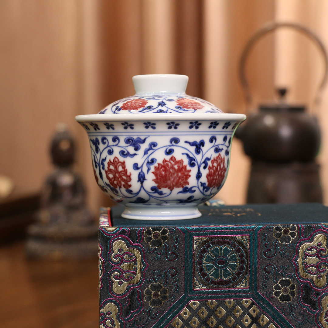 逸古堂 | 缠枝莲釉里红元宝盖碗 130ML 景德镇陶瓷纯手工茶杯茶具