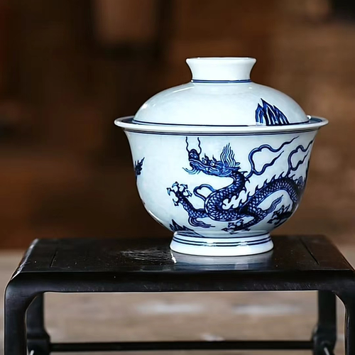 晓隐柴窑丨淡海水龙盖碗丨110cc 景德镇瓷器纯手工手绘茶杯茶具