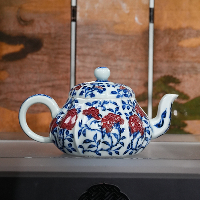 永明尚玩丨四季花瓜棱壶120ml 景德镇陶瓷茶具釉里红喝茶