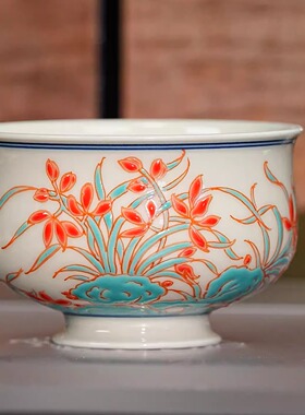 立勤堂丨红绿彩兰花主人杯杯子单杯茶杯容量80cc景德镇陶瓷