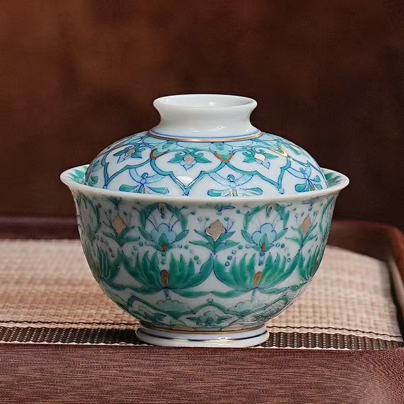 冉月丨冉月斗彩清露莲花盖碗 130ML  景德镇瓷器手工手绘茶杯茶具