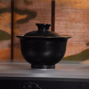瓷泡泡 霖松堂黑粉引鎏金薄胎盖碗陶瓷茶杯不烫手家用泡茶碗 80ml