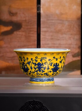 立勤堂黄釉青花缠枝莲压手杯80cc景德镇高级茶具茶杯茶器泡茶专用