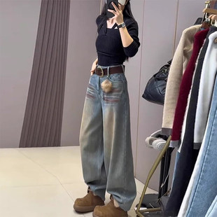 设计感水洗扎染阔腿加厚加绒牛仔裤女2026冬季新款复古显瘦直筒裤