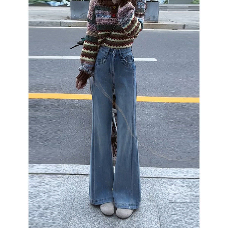 2026巨好看一整套时尚条纹高领套头毛衣女+浅蓝色高腰微喇牛仔裤,女装/女士精品,时尚套装,淘宝优惠券,粉丝福利购,淘宝优惠卷