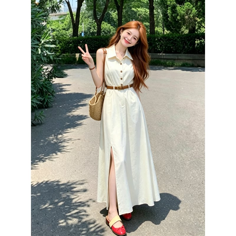 小个子梨形身材连衣裙女2026春夏季翻领收腰遮肉开叉显瘦无袖长裙