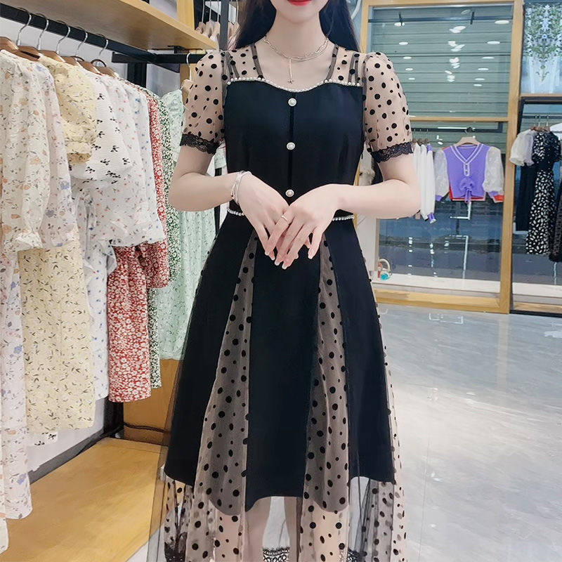 2022新款女夏装连衣裙时尚减龄中长款过膝收腰显瘦网纱拼接连衣裙