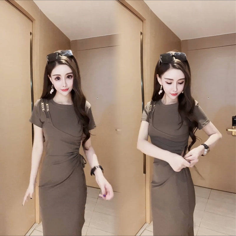 气质小众设计感连衣裙2022年夏季新款不规则假两件抽绳显瘦中长裙