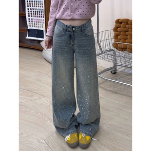 蓝色璀璨星河烫钻阔腿牛仔裤女2026秋冬季新款宽松加绒直筒拖地裤