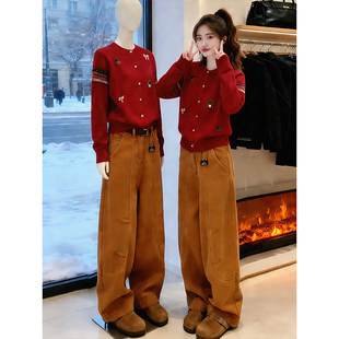 百搭加绒宽松显瘦休闲弯刀裤 高街辣妹阔腿工装 新款 女冬季 潮 牛仔裤