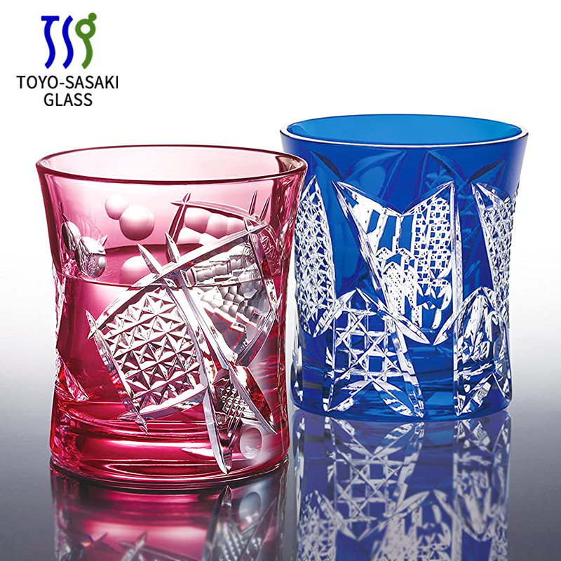 日本进口东洋佐佐木八千代彩色玻璃杯江户切子水晶玻璃威士忌杯子