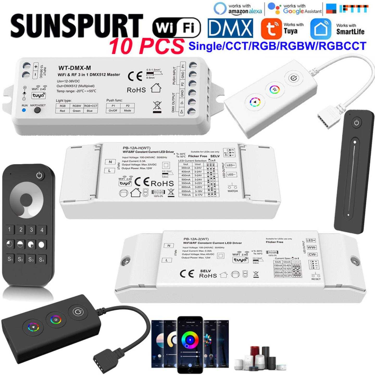 WiFi智能涂鸦APP手机+RF遥控5通道DMX512控制器WT-DMX-S/M 12-36V