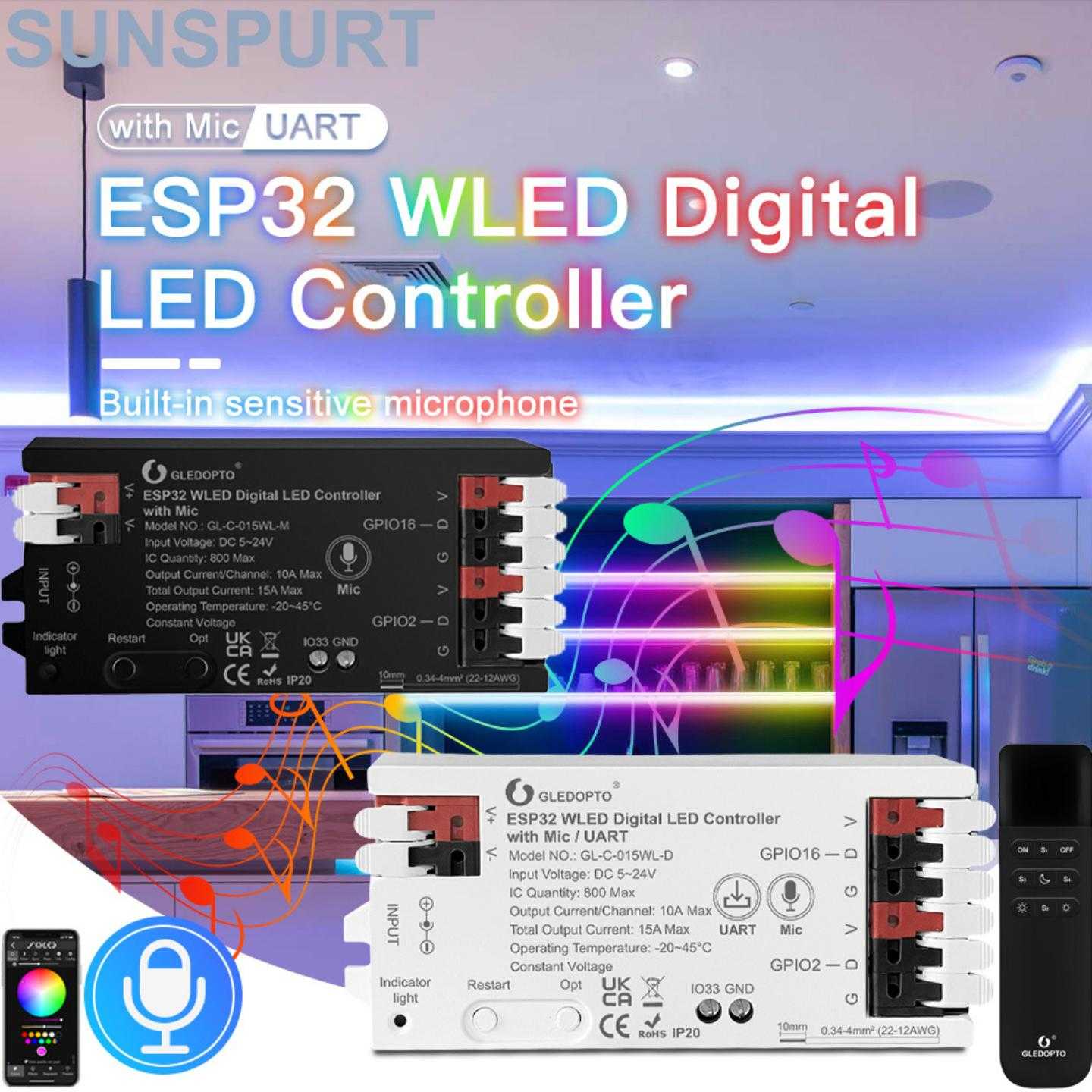 WLED 灯条控制器 ESP32 带麦克风可下载可寻址幻彩SPI LED 控制器