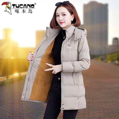啄木鸟加绒羽绒服女士2025新款冬季中长款小个子韩版加厚保暖外套