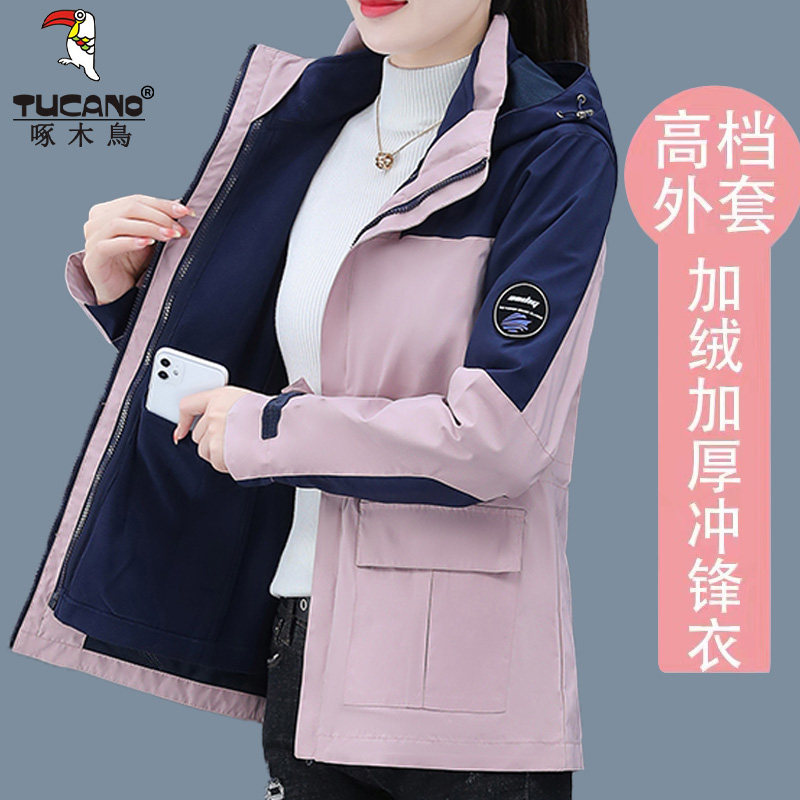 啄木鸟冲锋衣女款可拆卸三合一2024新款加绒加厚保暖宽松休闲外套