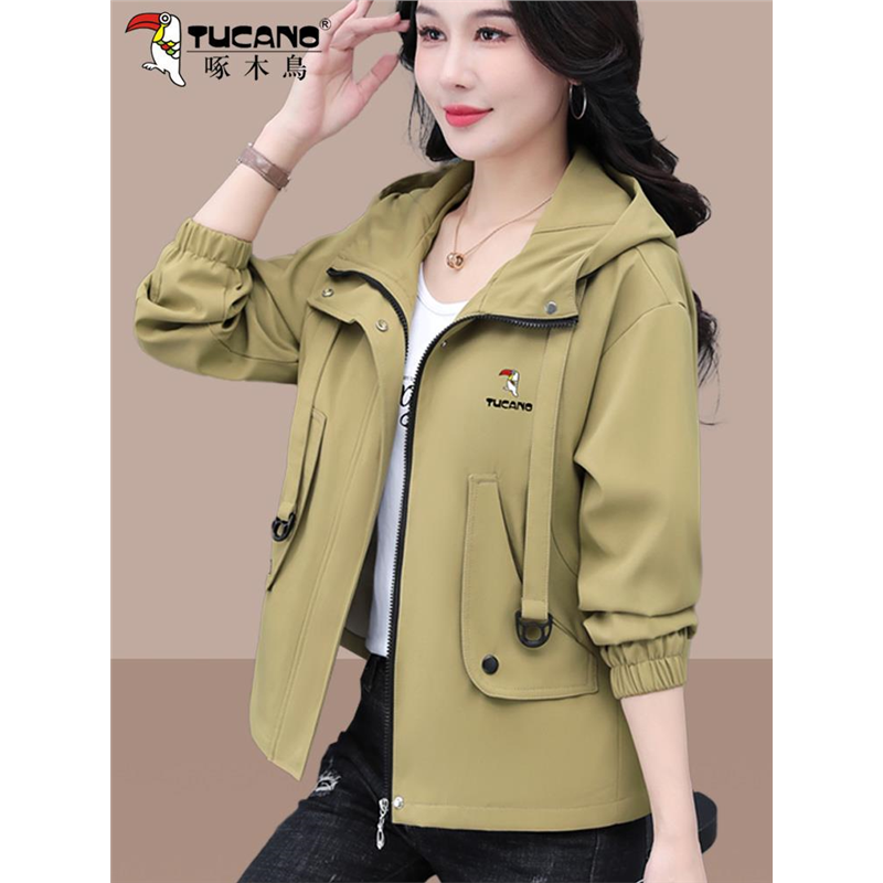 啄木鸟短款女士外套2025新款春秋季洋气中年妈妈风衣宽松连帽夹克,女装/女士精品,风衣,淘宝优惠券,粉丝福利购,淘宝优惠卷