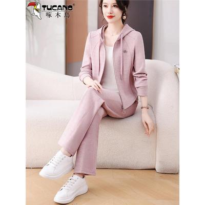粉色连帽运动服套装女士2025新款春秋开衫小个子休闲两件套