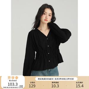 爱蔷薇大码早秋黑色衬衫女2024新款v领上衣胖mm遮肚法式收腰小衫