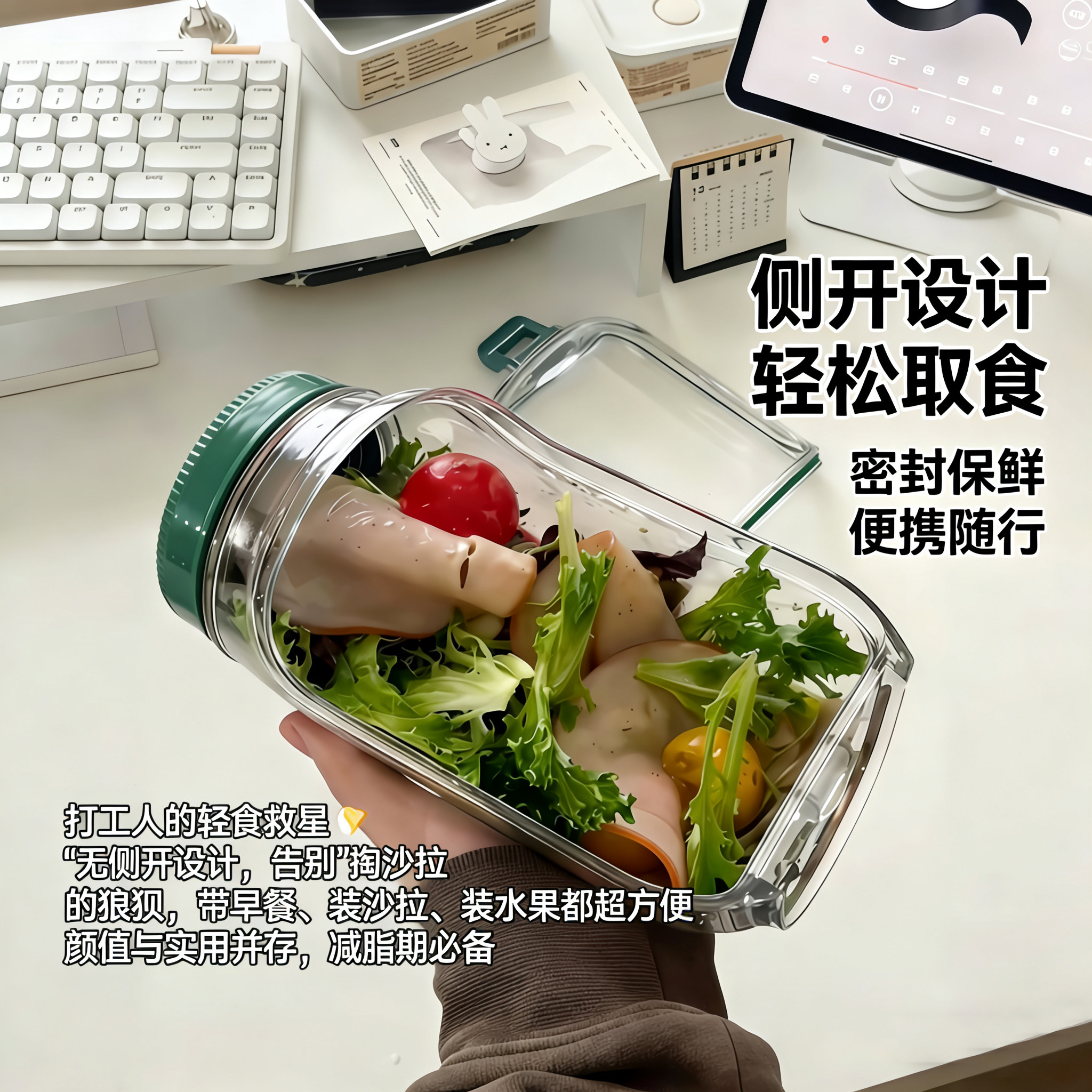 创意密封蔬菜沙拉碗侧开水果沙拉罐代餐饭盒便携防漏PP储物保鲜瓶