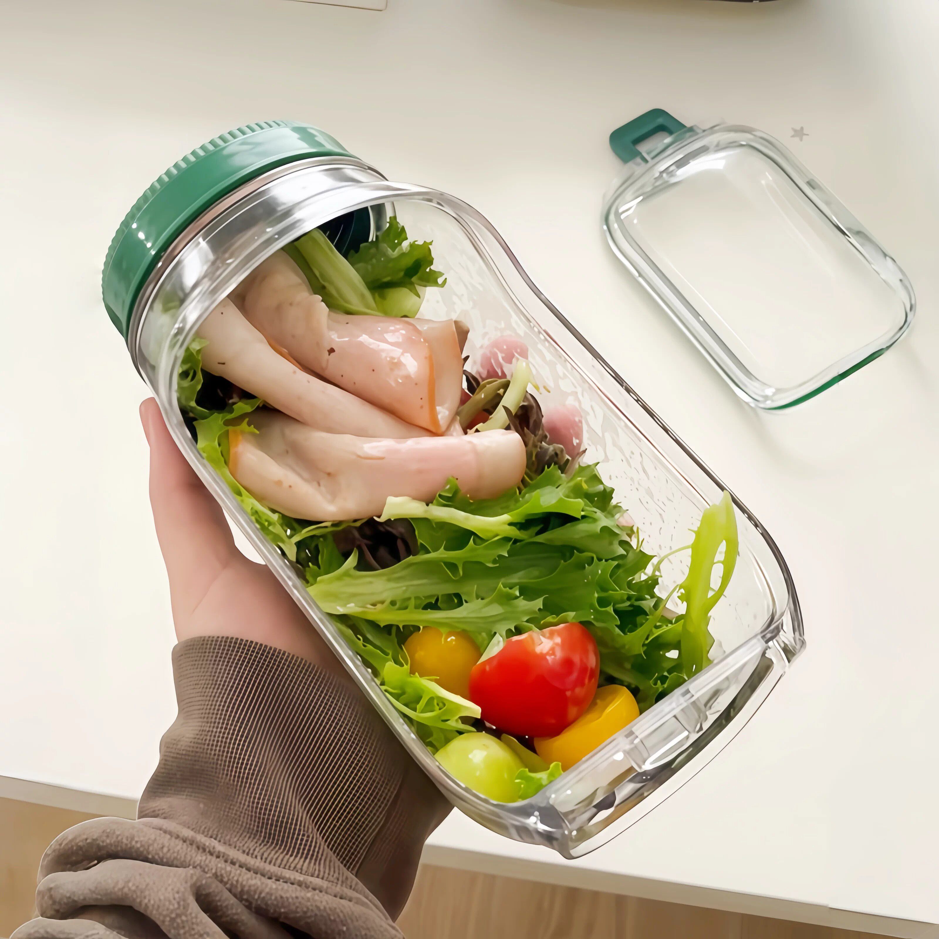 创意密封蔬菜沙拉碗侧开水果沙拉罐代餐饭盒便携防漏PP储物保鲜瓶