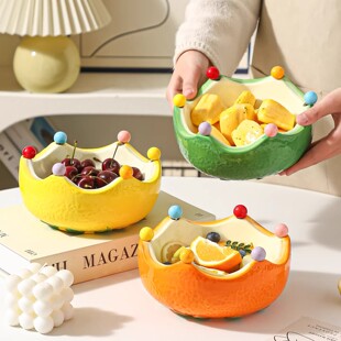 橘子陶瓷水果盘果碗家用客厅茶几可爱创意不锈钢水果叉收纳罐套装