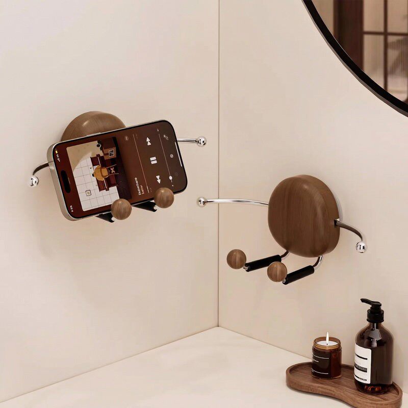 浴室手机支架吸盘按压厨房卫生间懒人做饭胡桃木纹鹅卵石看剧神器